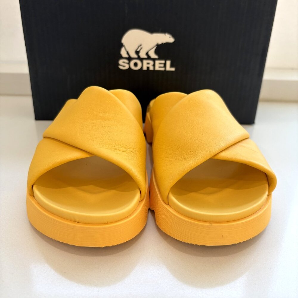 Sorel Viibe Crisscross Slide Sandals Leather Slip On Yellow Ray Sizes 9 NEW - Picture 3 of 7